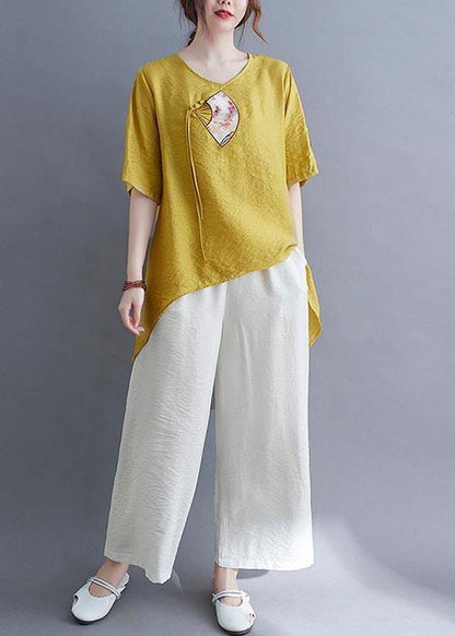 Italian Yellow Embroideried Cotton Linen Top Summer