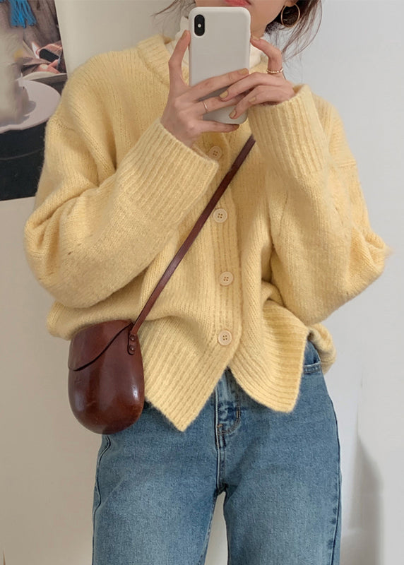 Italian Yellow O Neck Button Cotton Knit Coat Fall