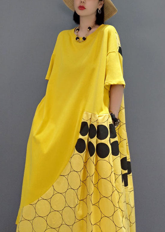 Italian Yellow O-neck Wrinkled Patchwork Maxi Dresses Spring