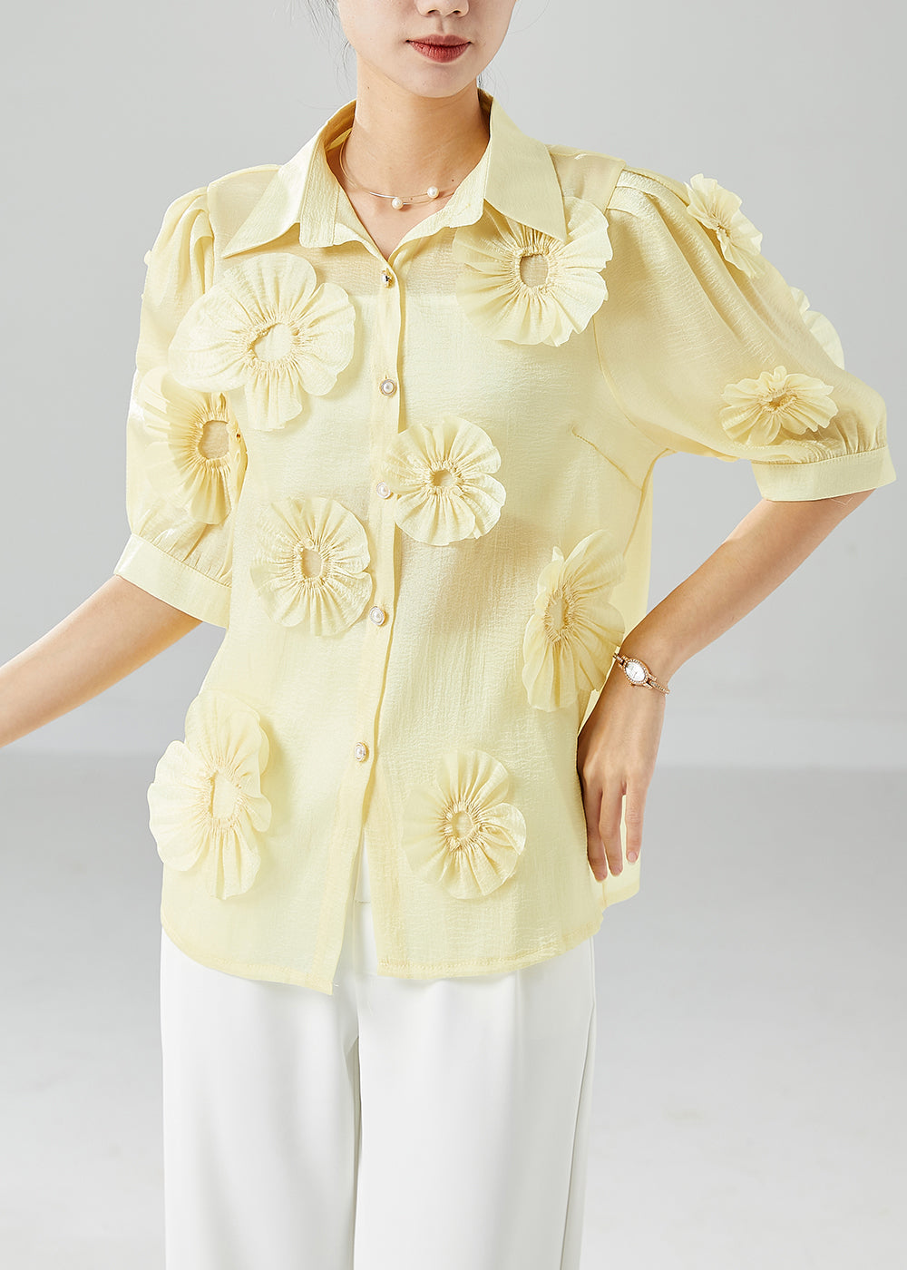 Italian Yellow Peter Pan Collar Cotton Shirt Top Summer