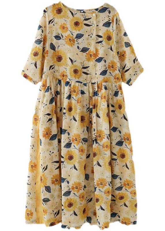 Italian Yellow Print Ramie Tie Waist Ankle Dress Fall