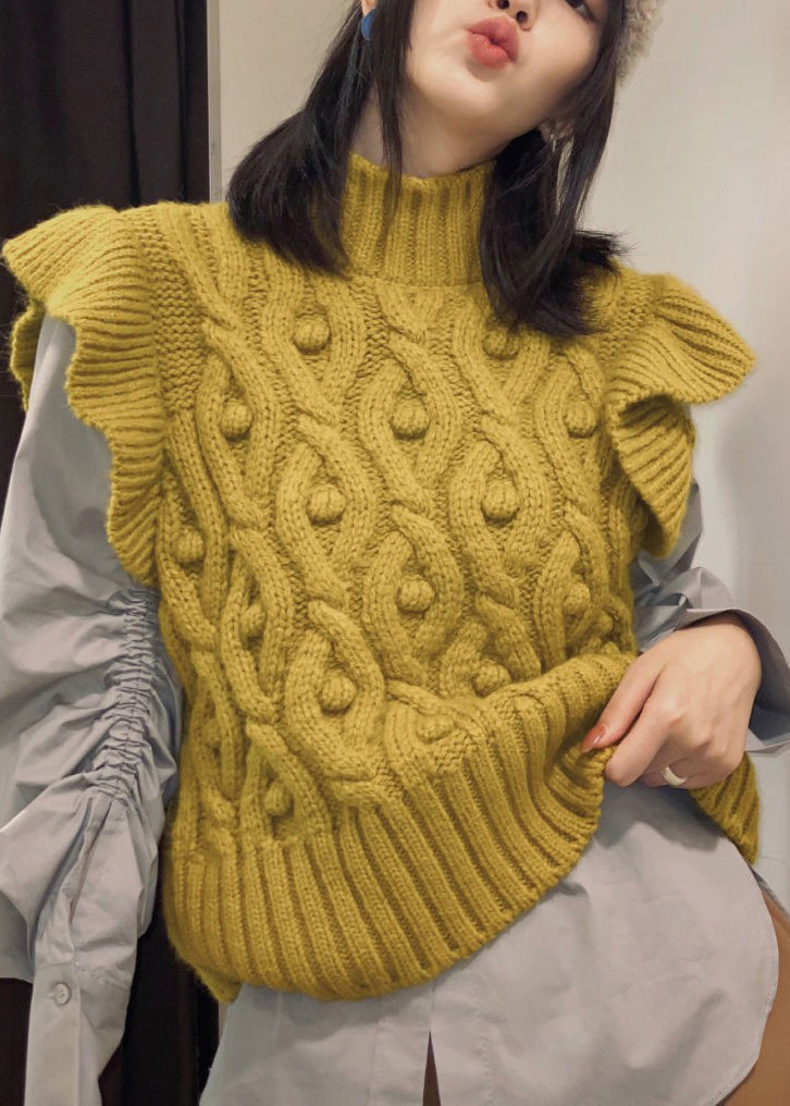 Italian Yellow Ruffles Turtle Neck Cable Knit Vest Grey Wrinkled Shirt Top Two Piece Outfit Spring