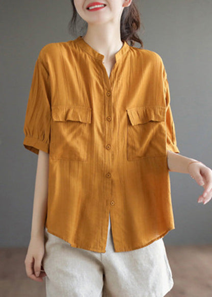 Italian Yellow V Neck Patchwork Button Cotton Shirt Short Sleeve