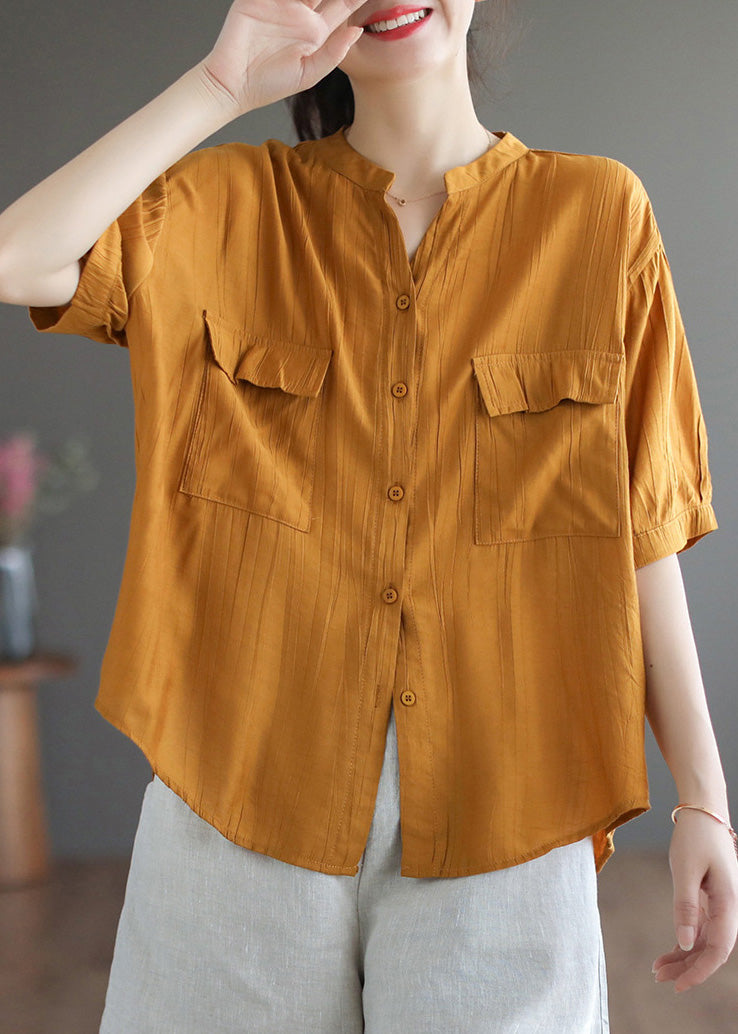 Italian Yellow V Neck Patchwork Button Cotton Shirt Short Sleeve