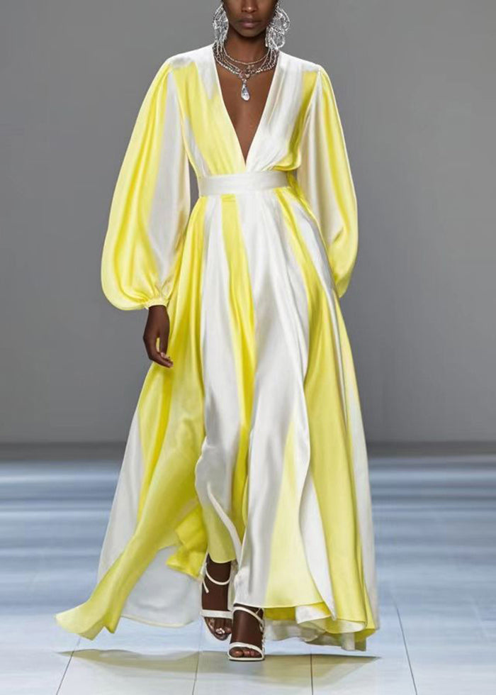 Italian Yellow V Neck Patchwork Silk Cinched Dress Spring