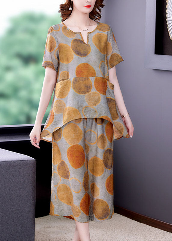 Italian Yellow V Neck Pockets Silk Top and Wide Leg Pants Two Piece Set Summer