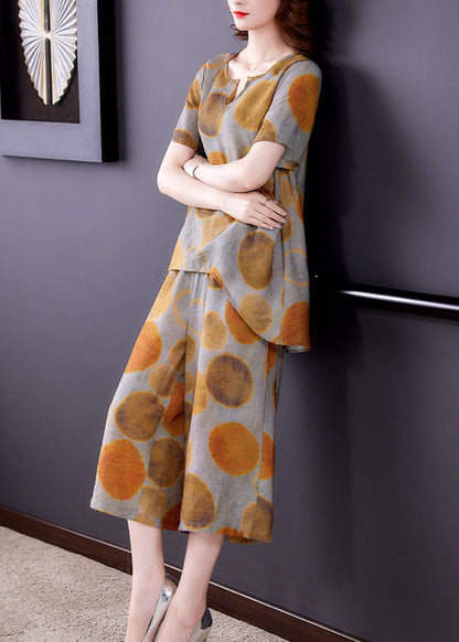 Italian Yellow V Neck Pockets Silk Top and Wide Leg Pants Two Piece Set Summer