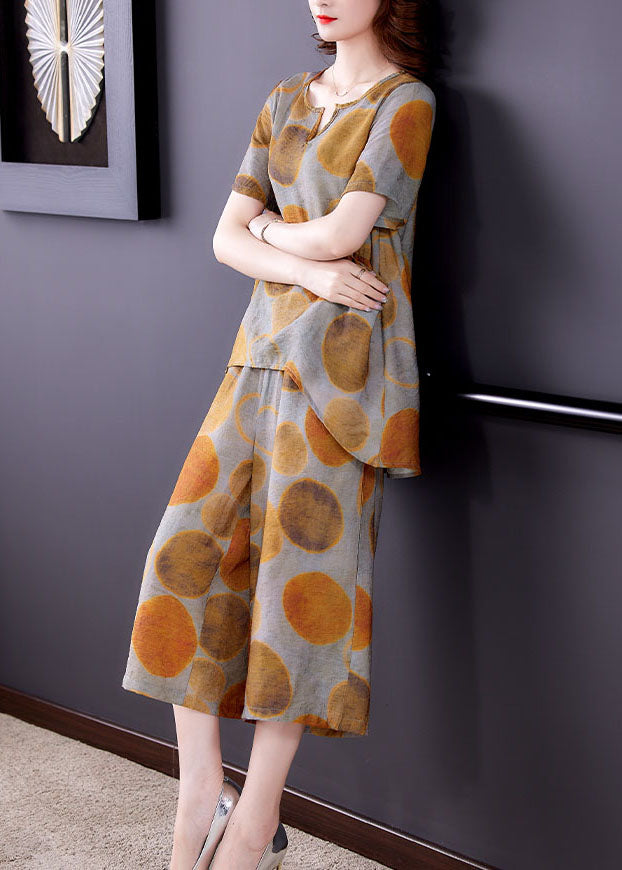 Italian Yellow V Neck Pockets Silk Top and Wide Leg Pants Two Piece Set Summer
