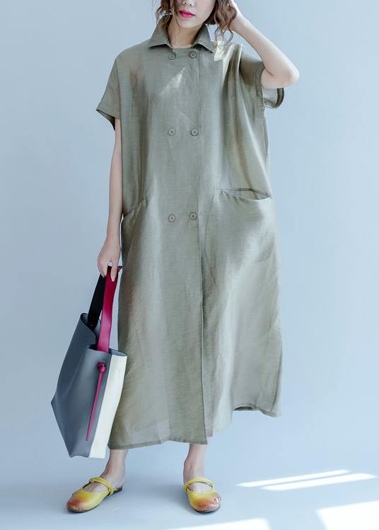 Italian Army Green Quilting Dresses Lapel Pockets Long Summer Dress