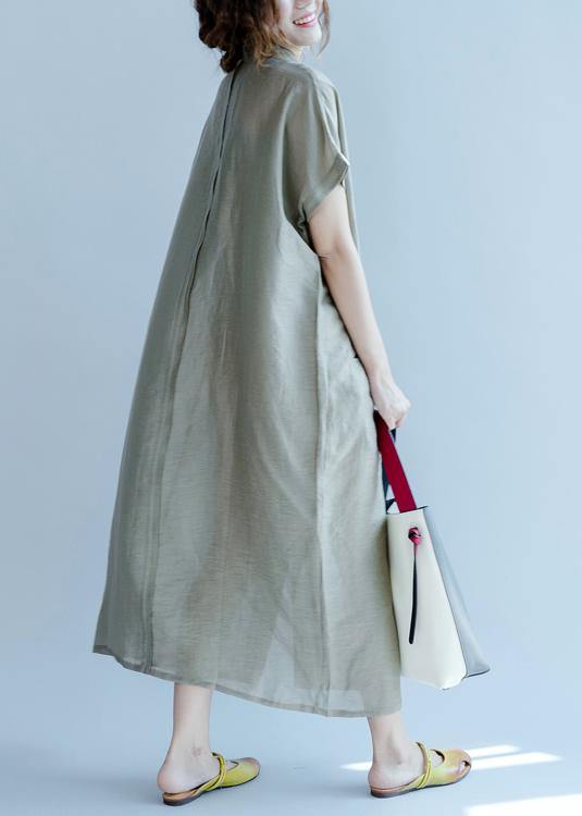 Italian Army Green Quilting Dresses Lapel Pockets Long Summer Dress