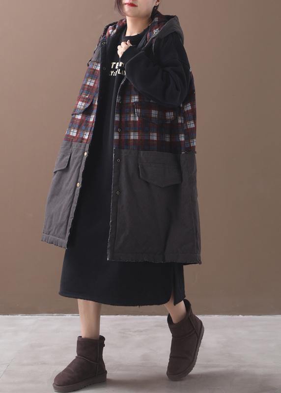 Italian Back Open Fine Hooded Tunic Pattern Patchwork Plaid Baggy Outwears