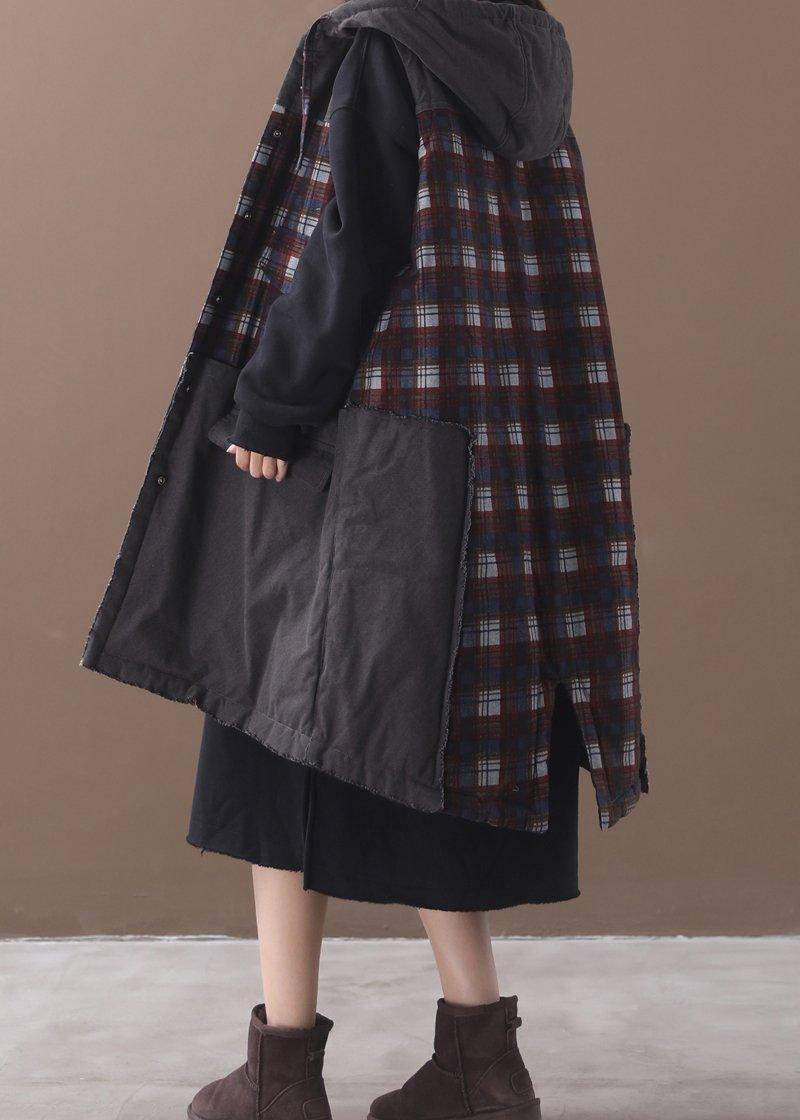 Italian Back Open Fine Hooded Tunic Pattern Patchwork Plaid Baggy Outwears