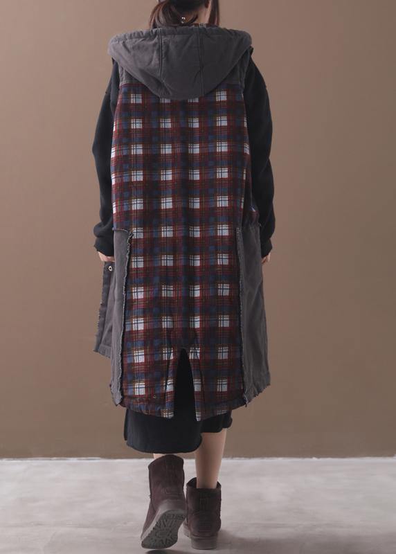 Italian Back Open Fine Hooded Tunic Pattern Patchwork Plaid Baggy Outwears