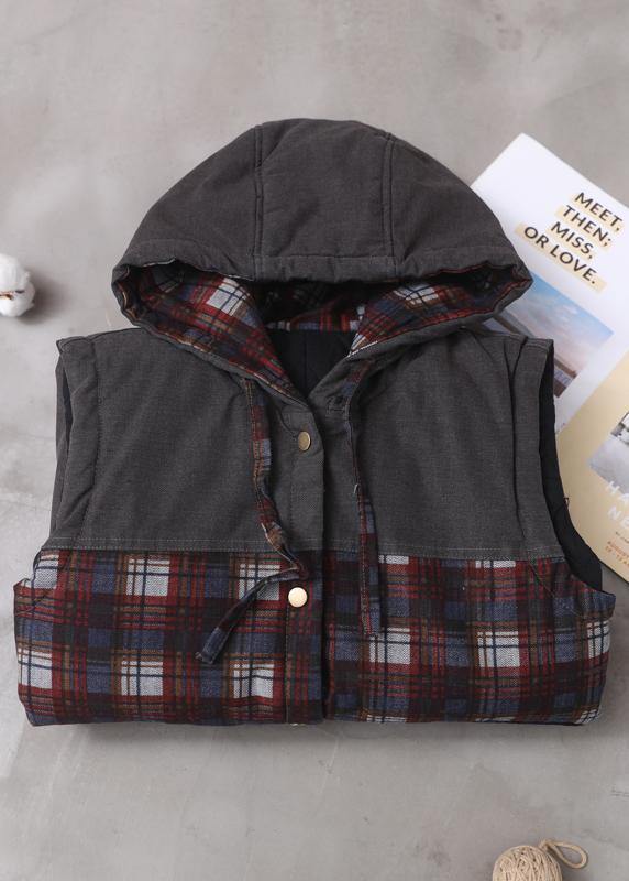 Italian Back Open Fine Hooded Tunic Pattern Patchwork Plaid Baggy Outwears