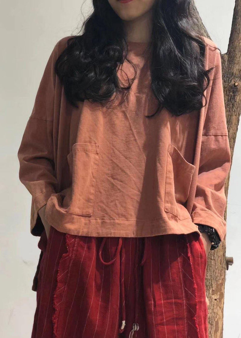 Italian Big Pockets Cotton Top Silhouette Shirts Orange Shirts Fall