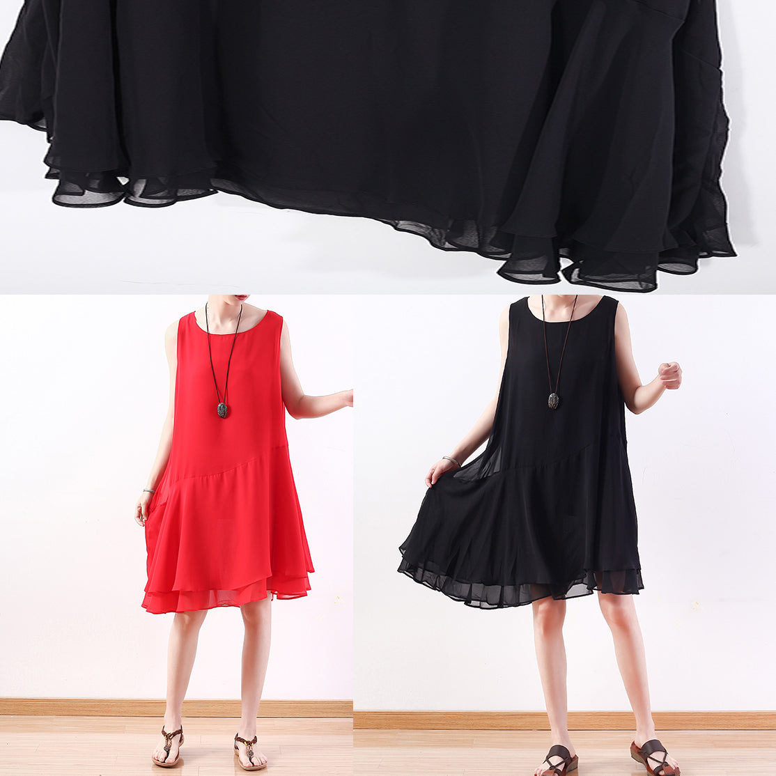 Italian Black Chiffon Outfit Korea Linen Sleeveless a Line Summer Dresses