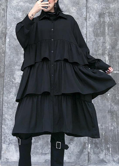 Italian Black Cotton Quilting Clothes Spring Shift Layered Ruffles Dresses
