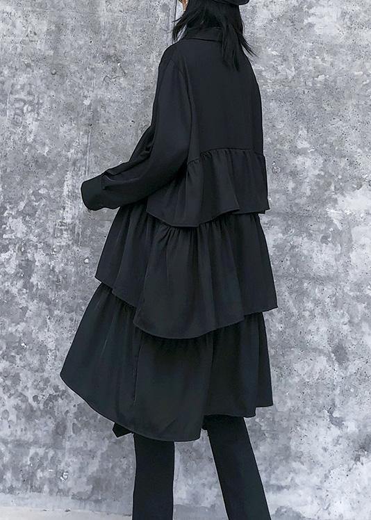Italian Black Cotton Quilting Clothes Spring Shift Layered Ruffles Dresses