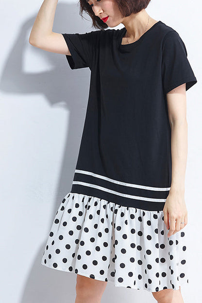 Italian Black Cotton Quilting Dresses Shirts Patchwork O Neck Loose Summer Dress