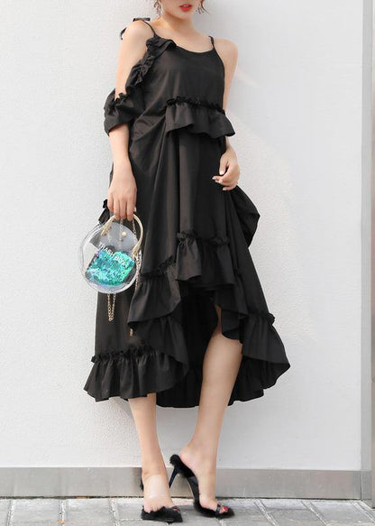 Italian Black Cotton Quilting Dresses Asymmetric Tunic Summer Dresses