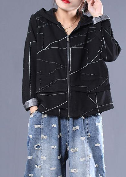 Italian Black Fine Outwear Design Hooded Zippered Coat