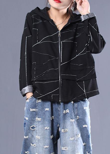 Italian Black Fine Outwear Design Hooded Zippered Coat