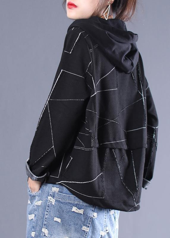 Italian Black Fine Outwear Design Hooded Zippered Coat