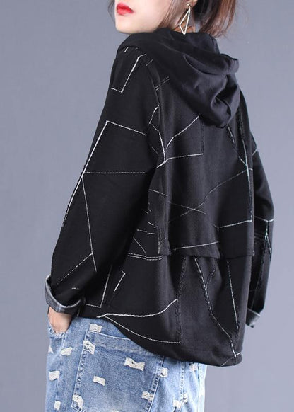 Italian Black Fine Outwear Design Hooded Zippered Coat