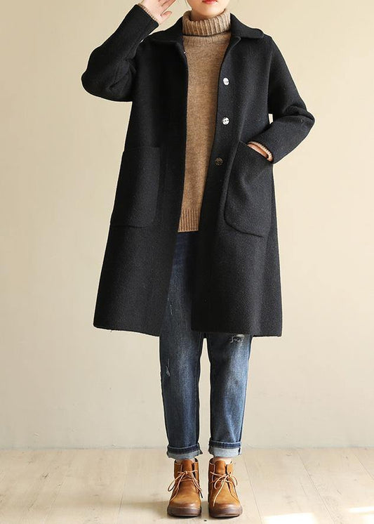 Italian Black Outfit Cotton Notched Collar Two Pockets Coat