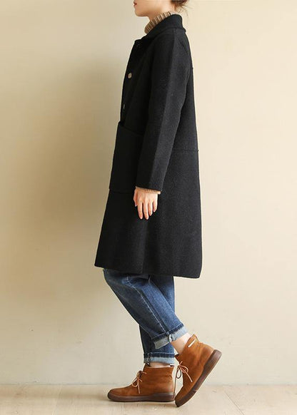 Italian Black Outfit Cotton Notched Collar Two Pockets Coat