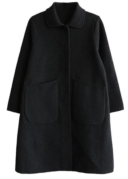 Italian Black Outfit Cotton Notched Collar Two Pockets Coat