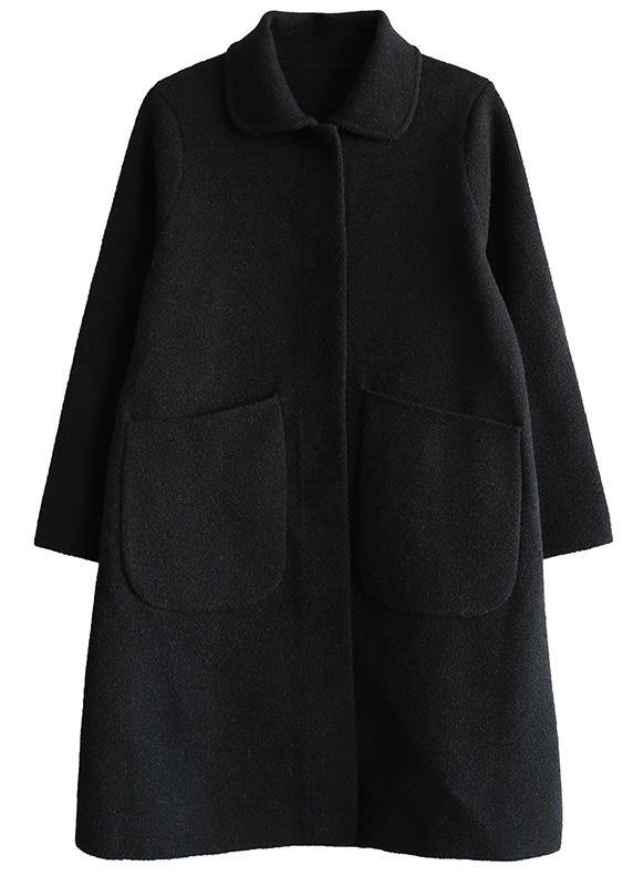 Italian Black Outfit Cotton Notched Collar Two Pockets Coat