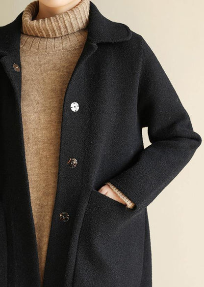 Italian Black Outfit Cotton Notched Collar Two Pockets Coat