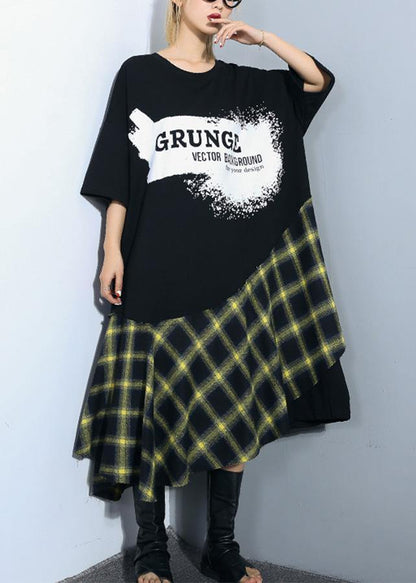 Italian Black Alphabet Prints Cotton Tunic Pattern Patchwork Plaid Maxi Summer Dress