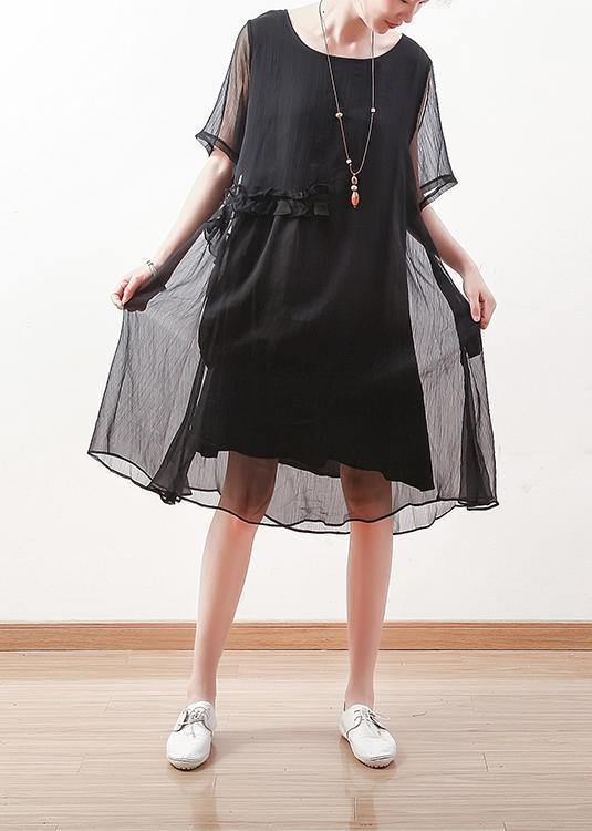 Italian Black Chiffon Dresses O Neck Cinched Long Summer Dress