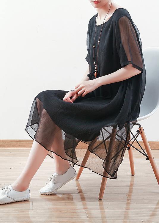 Italian Black Chiffon Dresses O Neck Cinched Long Summer Dress