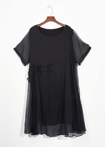 Italian Black Chiffon Dresses O Neck Cinched Long Summer Dress