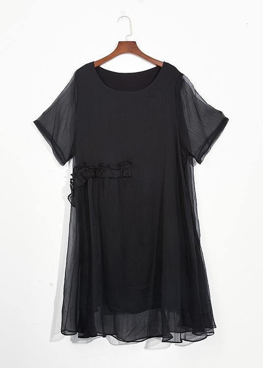 Italian Black Chiffon Dresses O Neck Cinched Long Summer Dress
