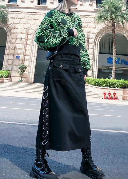 Italian Black Cotton Tunics Button Pockets Skirt