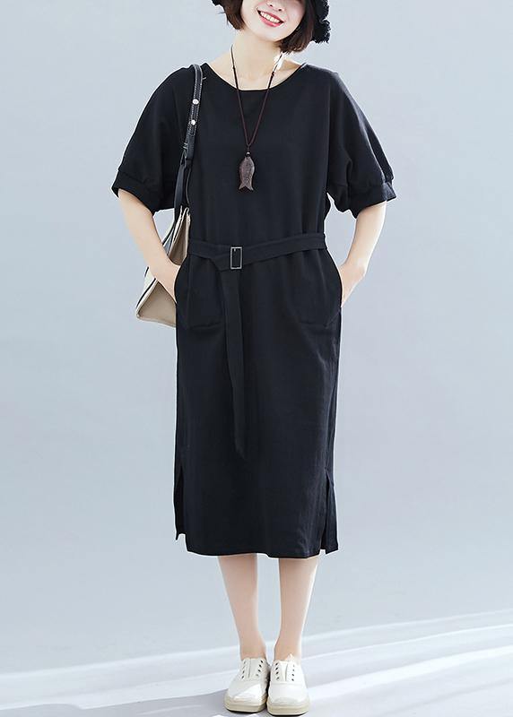 Italian Black Cotton Wardrobes O Neck Side Open Art Summer Dress