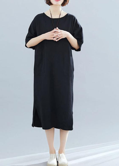 Italian Black Cotton Wardrobes O Neck Side Open Art Summer Dress