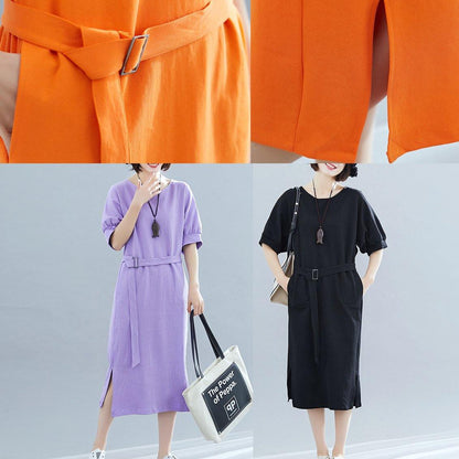 Italian Black Cotton Wardrobes O Neck Side Open Art Summer Dress