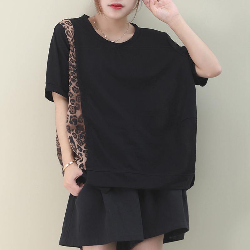 Italian Black Cotton Clothes for O Neck Patchwork Leopard Knee Blouses