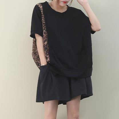 Italian Black Cotton Clothes for O Neck Patchwork Leopard Knee Blouses