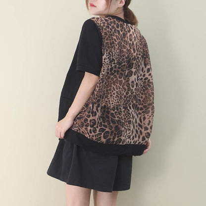 Italian Black Cotton Clothes for O Neck Patchwork Leopard Knee Blouses
