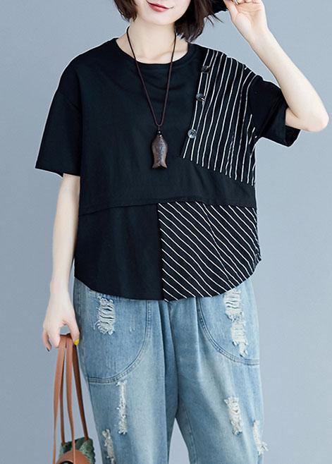 Italian Black Cotton Clothes for O Neck Patchwork Loose Summer Blouses