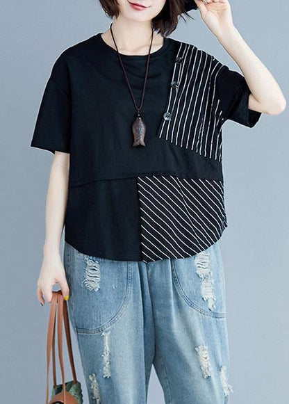 Italian Black Cotton Clothes for O Neck Patchwork Loose Summer Blouses