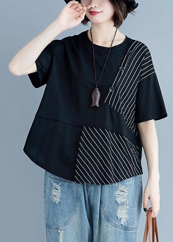 Italian Black Cotton Clothes for O Neck Patchwork Loose Summer Blouses