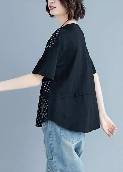 Italian Black Cotton Clothes for O Neck Patchwork Loose Summer Blouses