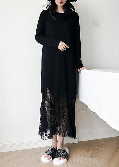Italian Black Cotton Dress Hollow Out Maxi Summer Patchwork Dress
